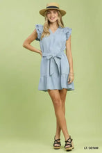 Light blue chambray denim dress with ruffled cap sleeves and matching self-tie belt from Umgee with side pockets