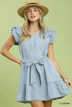 Light blue chambray denim dress with ruffled short sleeves and tied waistband featuring side pockets