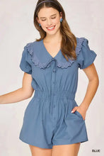Blue Umgee collared short sleeve button down romper with lace collar