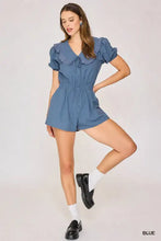 Umgee collared short sleeve button down romper, blue with ruffles, machine wash cold