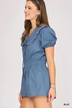 Umgee collared short sleeve button down romper in blue with ruffles