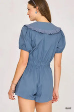 Umgee collared short sleeve button down romper, blue with lace collar