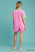 Back view of Umgee Contrast Trim Button Front Romper with pink fabric, lime green contrast trim, beige stripe, relaxed fit, machine wash cold