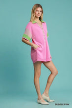 Bubble pink Umgee romper with green contrast trim, machine wash cold