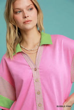 Umgee romper features bubble pink blouse with contrast trim, machine wash cold
