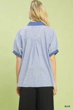 Umgee contrast trim popover stripe top featuring blue and white striped short sleeves with solid blue collar and cuffs