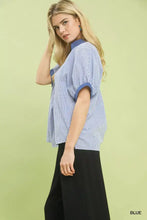 Umgee contrast trim popover stripe top featuring blue and white stripes with solid blue collar and sleeve cuffs
