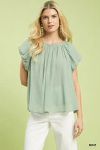 Mint-colored lightweight umgee crinkle flutter sleeve peasant top with ruffled sleeves and gathered neckline