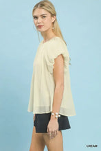 Cream-colored lightweight Umgee crinkle flutter sleeve peasant top with ruffled short sleeves and subtle pleated texture