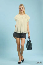 Cream-colored lightweight umgee crinkle flutter sleeve peasant top with puffed sleeves and gathered neckline