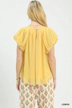 Umgee crinkle flutter sleeve peasant top in lemon with lightweight fabric gathered puff sleeves and subtle ribbed texture