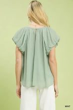 Mint-colored lightweight umgee crinkle flutter sleeve peasant top with gathered puff sleeves and subtle ribbed texture