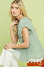 Mint-colored lightweight umgee crinkle flutter sleeve peasant top with ruffled short sleeves and soft flowing fabric