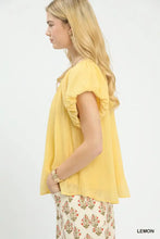 Umgee lemon-yellow crinkle flutter sleeve peasant top with ruffled short sleeves and lightweight flowing fabric