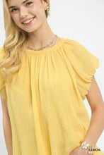 Yellow lightweight chiffon crinkle flutter sleeve peasant top with puffed sleeves and gathered neckline by umgee