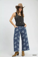 Indigo umgee denim paisley wide-leg pants with white paisley print and frayed hems for stylish casual wear