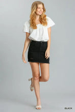 Black distressed denim skirt by umgee featuring a high waist and raw hem in a mini length design
