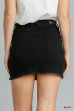 Umgee distressed raw hem high waist black denim skirt with frayed hem and back pockets shown from the back side