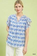 Blue floral print umgee blouse with double frill sleeves ruffled short sleeves and v neckline for women