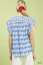 Umgee blue floral print blouse with relaxed fit and double frill sleeves for a stylish casual look
