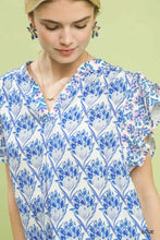 Umgee blue floral print blouse with double frill sleeves and v-neckline perfect for casual wear