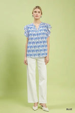Umgee blue floral print blouse with double frill short sleeves perfect for casual and dressy occasions