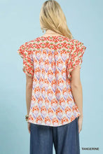 Umgee double frill tangerine blouse with floral geometric pattern and ruffled double frill sleeves in relaxed fit
