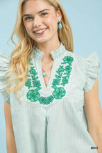 Umgee embroidered ruffle sleeve popover top in light green and white stripes with teal floral embroidery across neckline