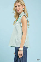 Mint-colored sleeveless Umgee embroidered ruffle sleeve top with vertical stripes and ruffled neckline for casual wear
