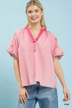 Umgee embroidered stripe top featuring a pink striped blouse with bright pink collar and floral embroidery on sleeves