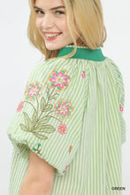 Light green umgee embroidered stripe blouse with colorful floral embroidery and contrasting teal collar