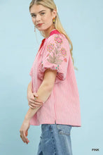 Pink striped blouse with floral embroidery on sleeve featuring umgee embroidered stripe design