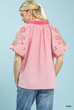 Pink striped blouse with floral embroidery on sleeves and contrasting collar in umgee embroidered stripe style