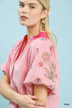 Umgee embroidered stripe pink striped dress with floral embroidery and vibrant pink collar for stylish wear