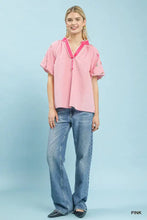 Umgee embroidered stripe pink short-sleeved blouse with contrasting collar and subtle floral embroidery details