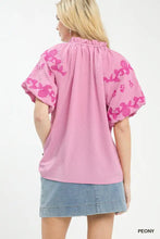 Pink Umgee embroidered textured flutter peasant blouse with puff sleeves and ruffled neckline