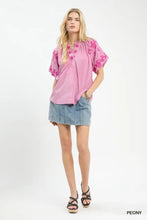 Pink umgee blouse with embroidered textured flutter short sleeves and gathered neckline in lightweight fabric