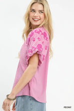 Pink peony-patterned umgee embroidered textured flutter sleeve top with textured fabric and puffed sleeves