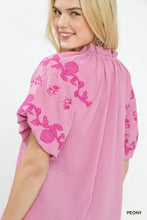 Umgee embroidered textured flutter sleeve top with pink peony embroidery, puff sleeves, and gathered neckline