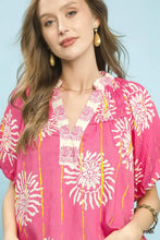 Umgee floral border smocked v-neck boho blouse in pink with white and yellow floral print accents