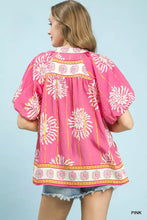Pink umgee floral border smocked v-neck boho blouse with puff sleeves and embroidered trim for casual wear