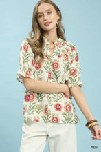 Umgee floral button-front short sleeve blouse in red and cream with ruffled sleeves and floral pattern
