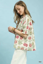 A woman wears an umgee floral button-front short sleeve cream blouse with vibrant pink and green patterns and flutter sleeves