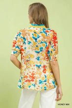 Umgee floral contrast pleat neck top with vibrant honey mix floral print blouse featuring puffed sleeves and ruffled collar