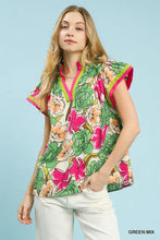 Umgee floral print blouse in vibrant green and pink with v-neckline, flutter sleeves, and lime-green contrast trim