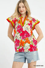 Umgee floral print blouse with vibrant tea berry mix floral print and contrast trim on collar and sleeves