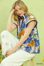 Umgee floral print blouse in blue and orange with white contrast trim short sleeves for casual wear