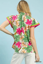 Umgee floral print blouse with vibrant pink green and peach blossoms on cream and neon pink trim on short sleeves