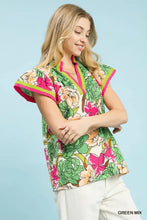 Umgee floral print blouse featuring vibrant floral print with neon pink and lime green contrast trim on short sleeves
