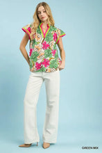 Umgee floral print blouse with vibrant green and pink short sleeves and v-neckline featuring contrast trim